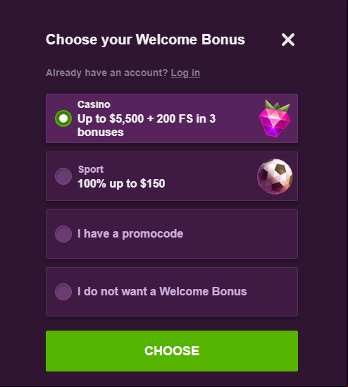 malina casino choose bonus