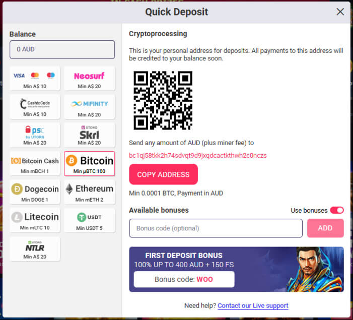 woo casino deposit process